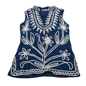 Lauren Michelle Navy Blue Embroidered Floral Tunic Top Size‎ Medium